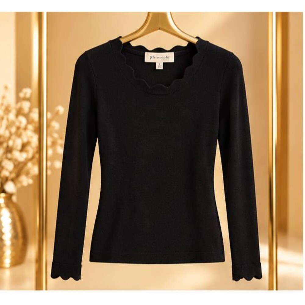 Philosophy Republic Clothing Women Knit Sweater S Black Scallop Neck Cuff Ribbed